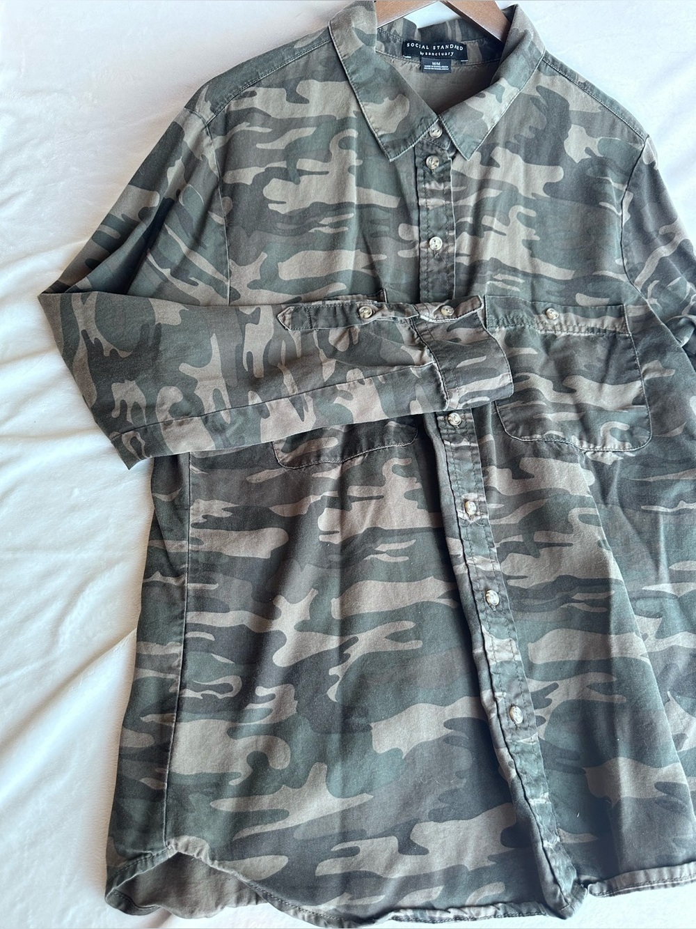 Social Standards Women's Green Camo Button-Down Shirt